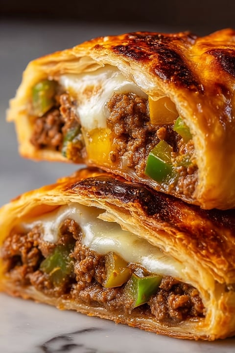 A cheesesteak hot pocket with peppers and onions.