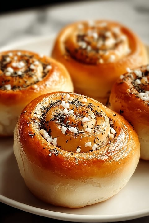 Three rolls of garlic swirl bread.