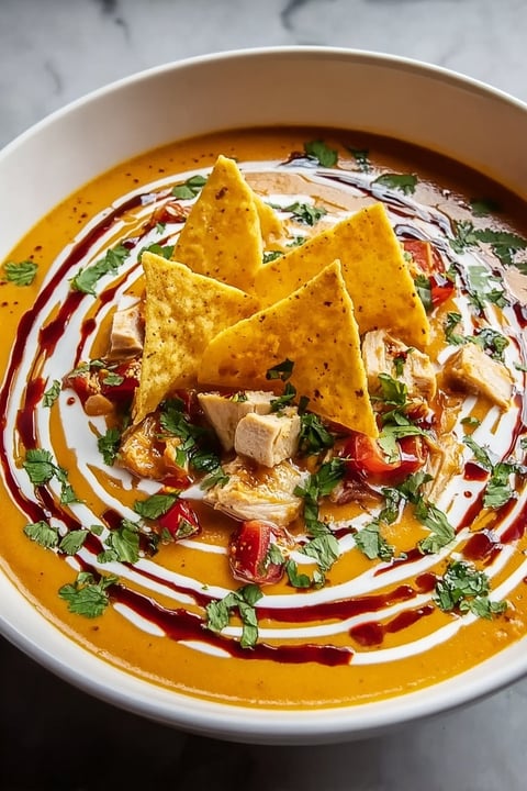 A bowl of creamy chicken tortilla soup.