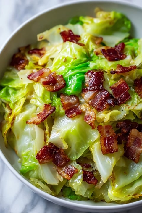 A bowl of fried cabbage with bacon.