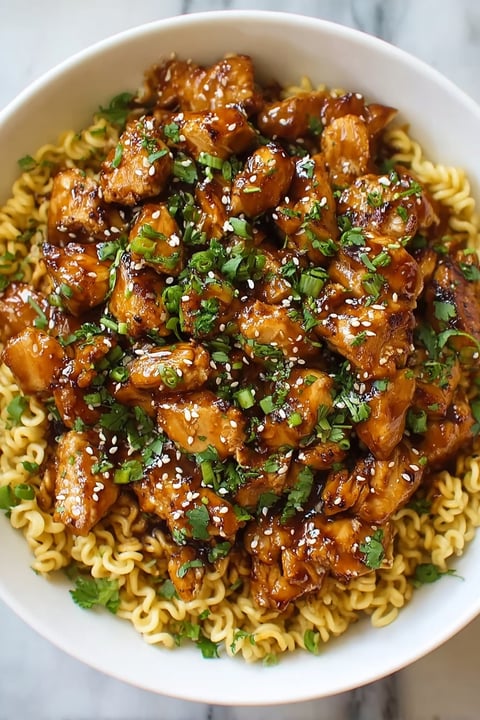 A bowl of Kung Pao Chicken Noodles.