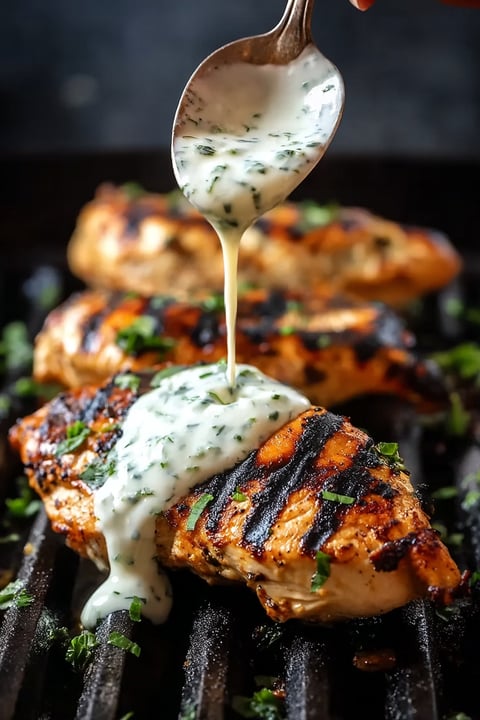 A piece of grilled chicken with a dollop of Alabama white sauce on top.