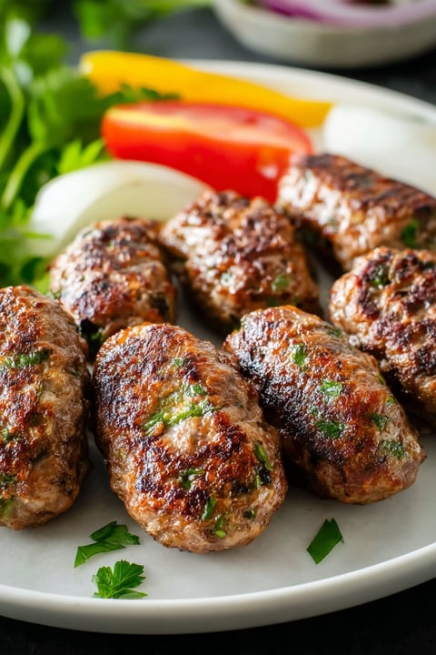 A plate of meatballs with a tomato and onion on the side.