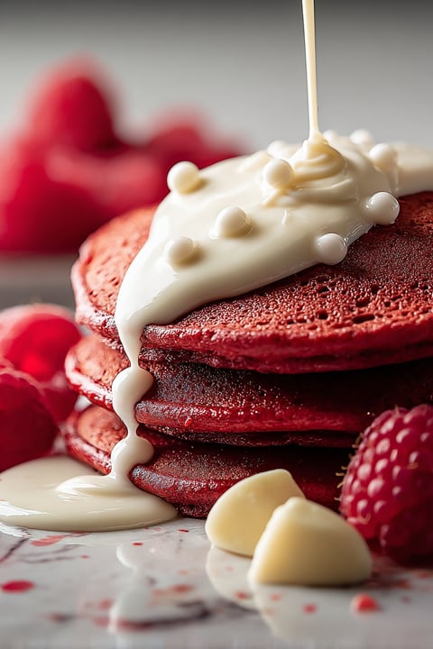 Red velvet pancakes with white cream.