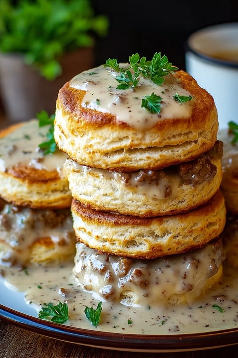 Biscuits and gravy stacked on a plate.