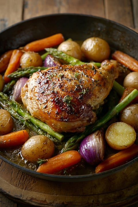 A plate of chicken thighs with herbs and vegetables.