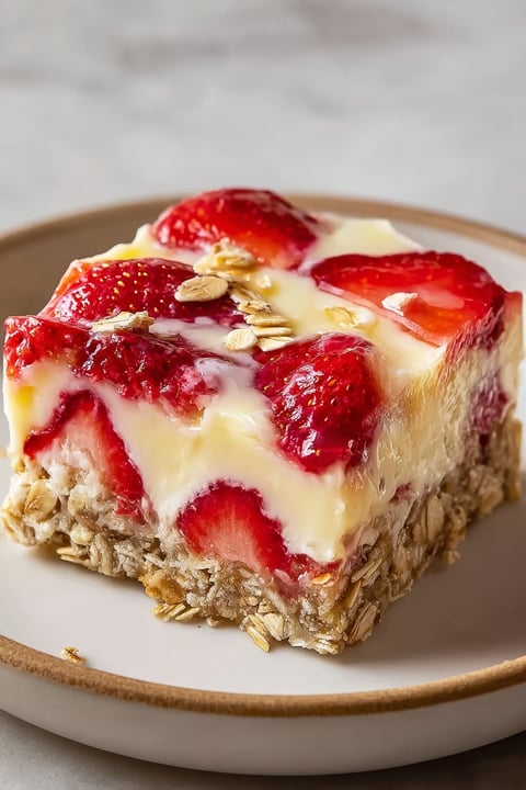 A slice of strawberry cheesecake baked oatmeal.