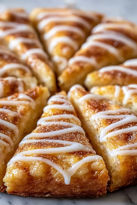 A close up of a cinnamon-sugar pizza made with crescent rolls.
