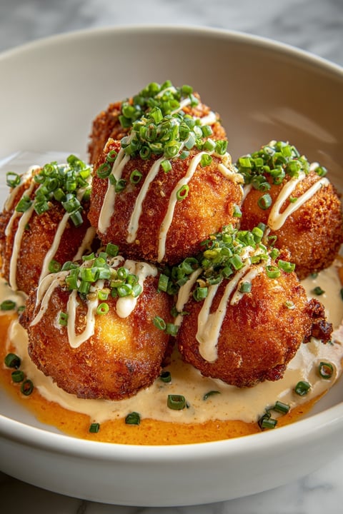 Deep-fried onion balls with sauce.