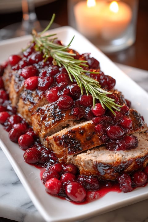 A glazed pork tenderloin with cranberries and herbs.