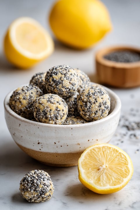 A bowl of lemon poppy seed energy bites.