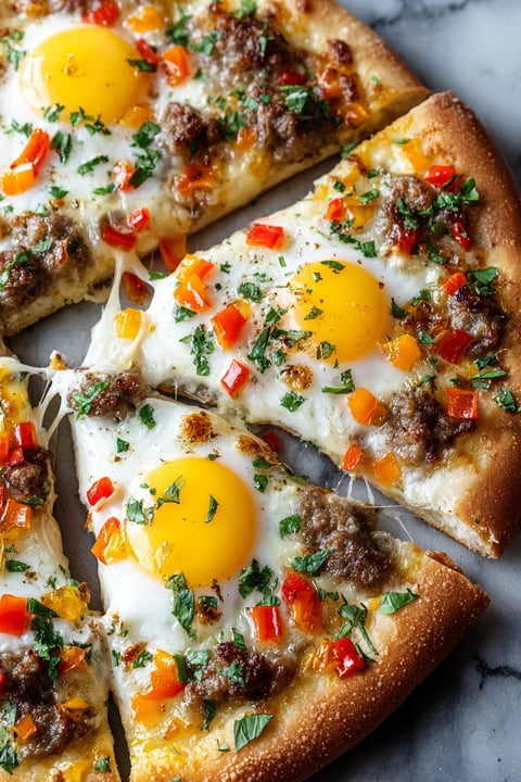 A pizza with eggs and sausage on top.