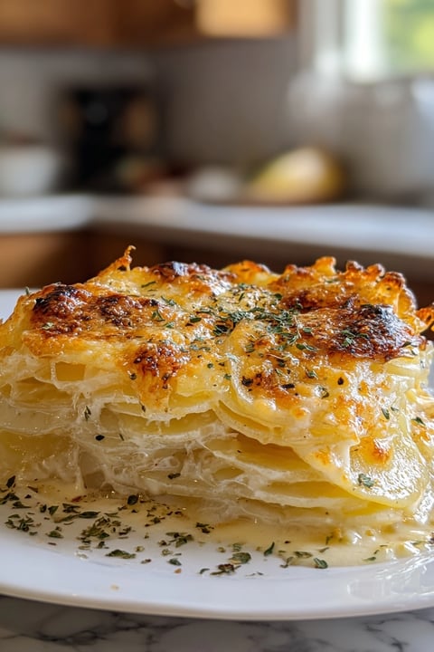 A close up of a delicious cheesy scalloped potatoes.