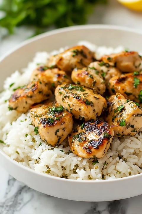 A bowl of rice and chicken.