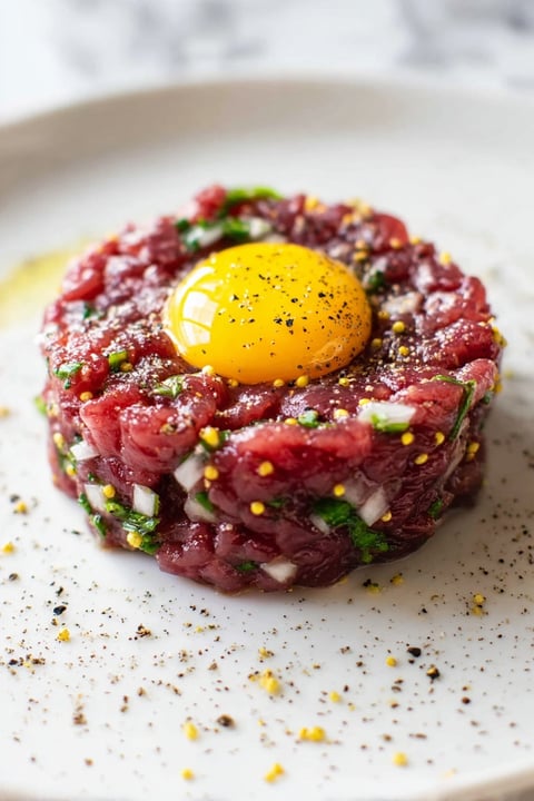 A close up of a bison tartare with a fried egg on top.