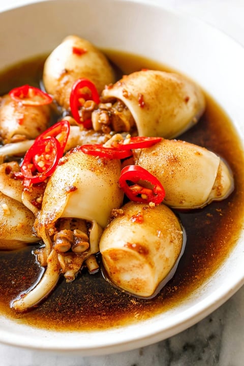 A bowl of braised cuttlefish with red peppers.