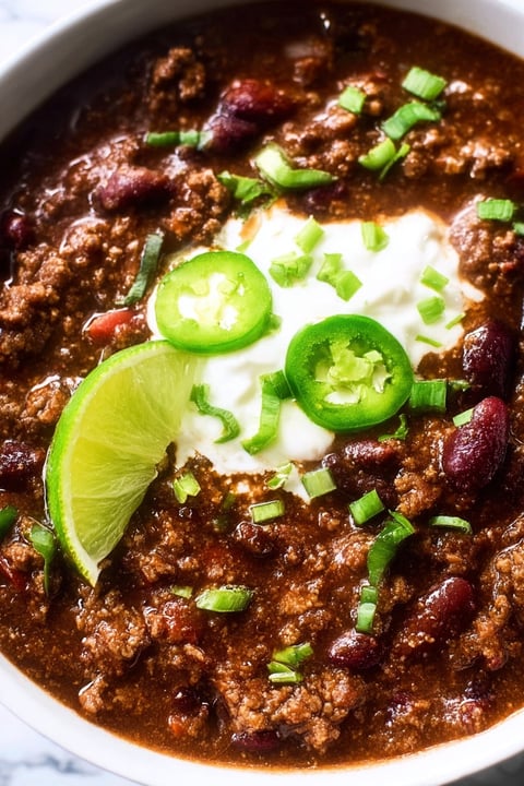 A bowl of chili with green peppers and onions.