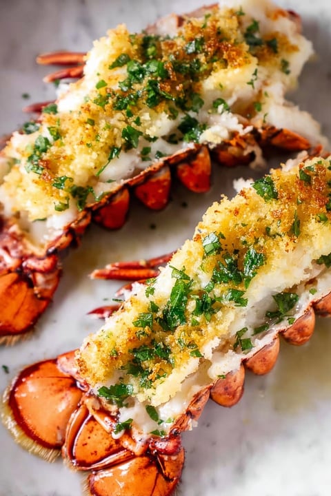 A close up of a lobster with a green topping.