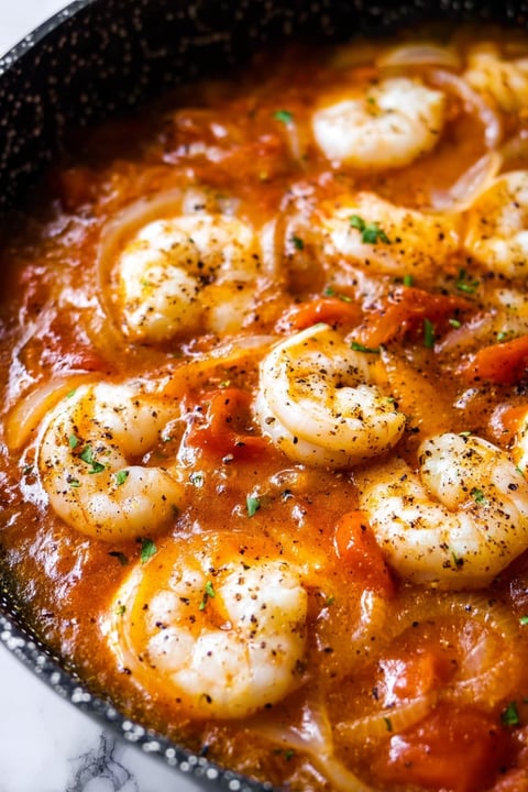 A bowl of shrimp cacciatore with rice.