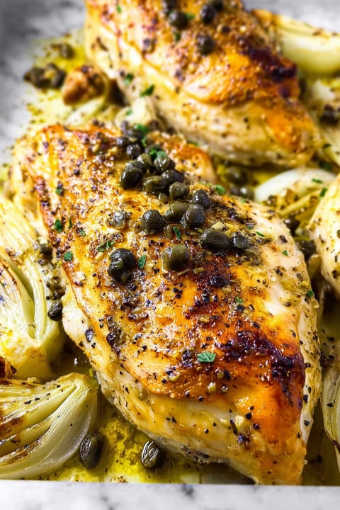 Baked chicken with artichokes and capers.