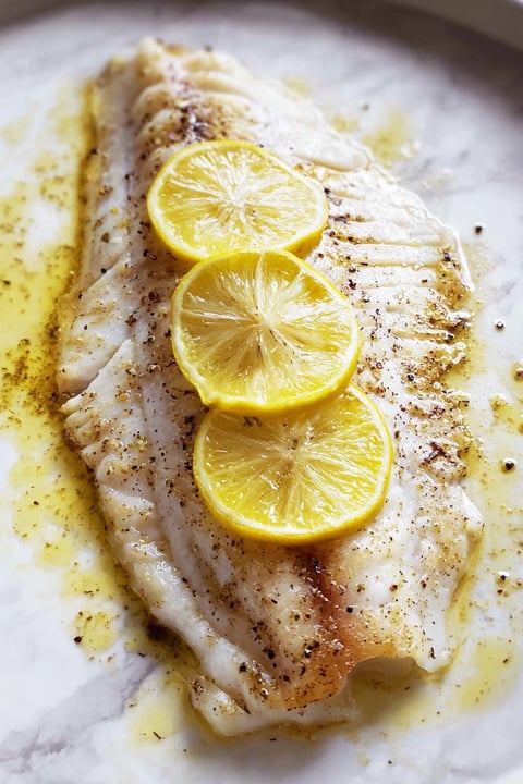 A roasted skate wing with lemon wedges on top.