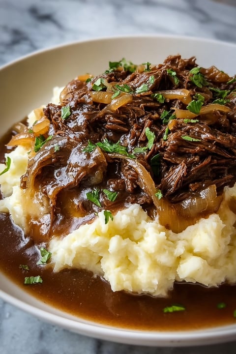 A close up of a delicious crock pot French onion pot roast.