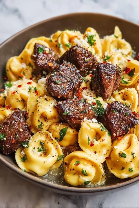 Garlic steak tortellini with meatballs.