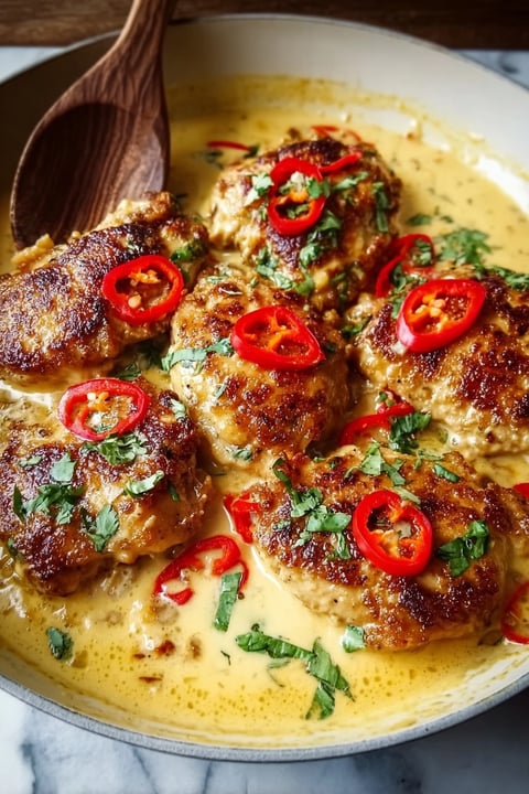 Chicken with peppers and sauce.