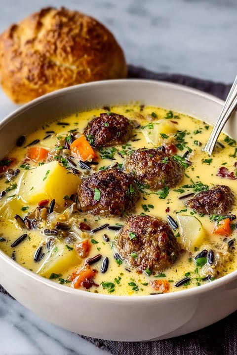 A bowl of sausage potato chowder.
