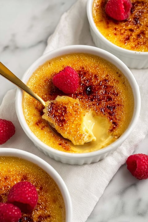 A white bowl filled with vanilla creme brulee.