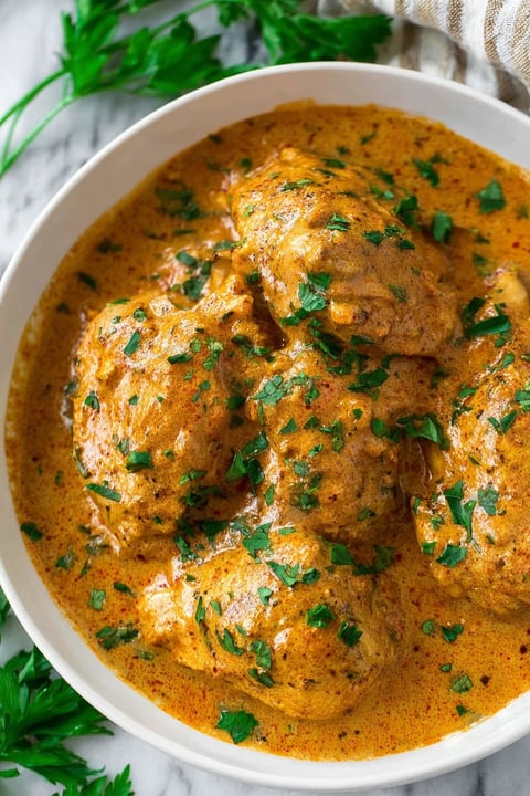 A bowl of chicken paprikash.