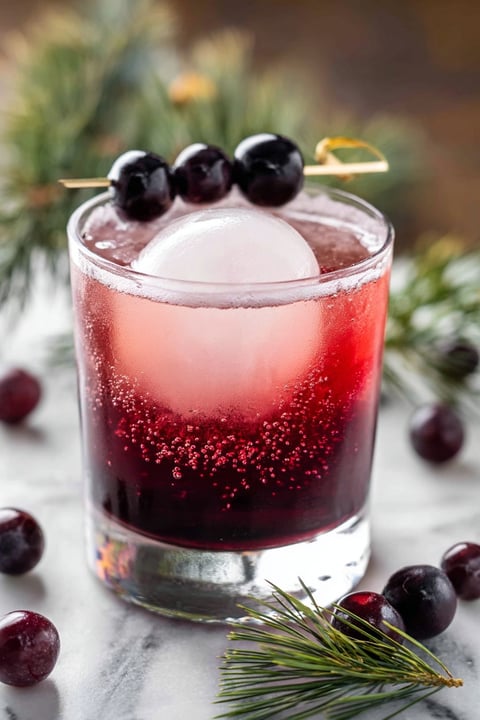 A glass of cranberry bourbon cocktail with a frozen cranberry in it.