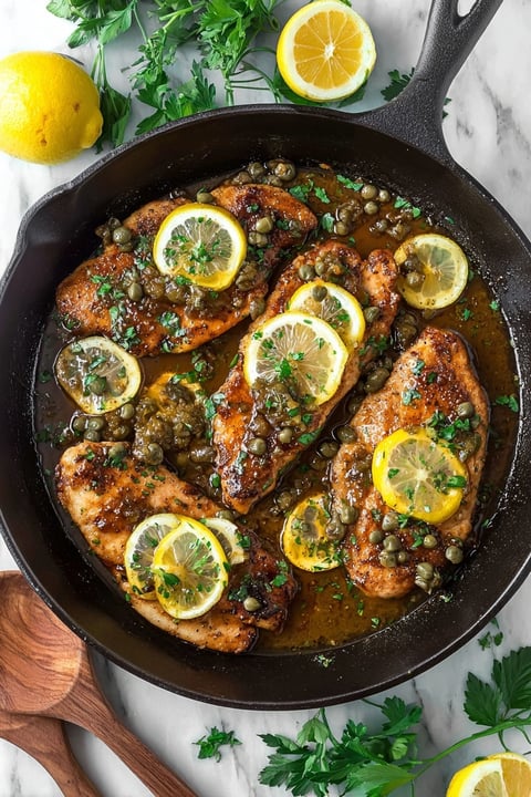 A pan of chicken with lemon and herbs.