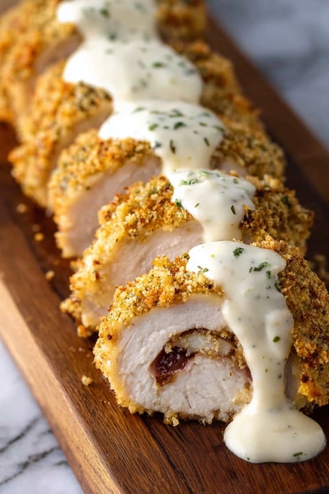 Baked chicken cordon bleu with sauce.