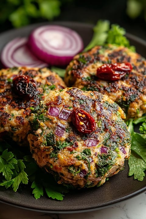 Two Greek chicken burgers with red onions and peppers.