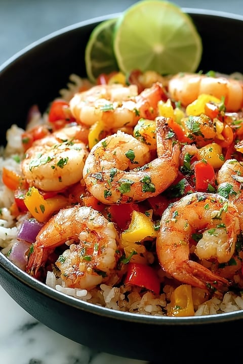 A bowl of shrimp and vegetables.