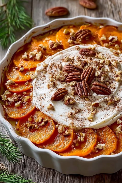 A dish of cinnamon scalloped sweet potatoes.