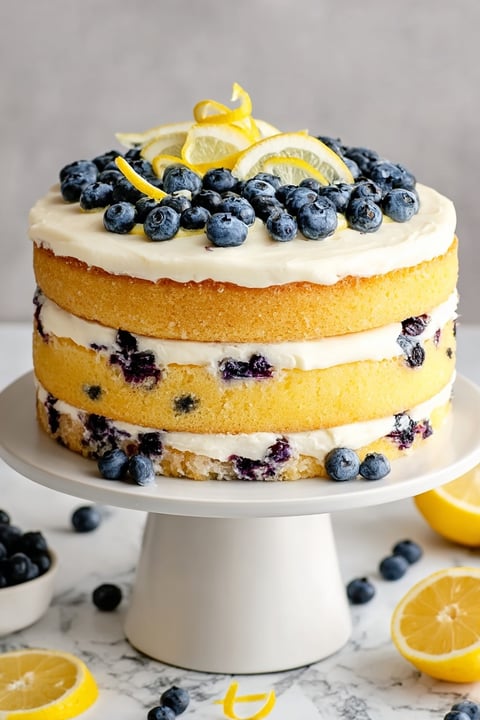 A three-layer cake with blueberries and lemon.
