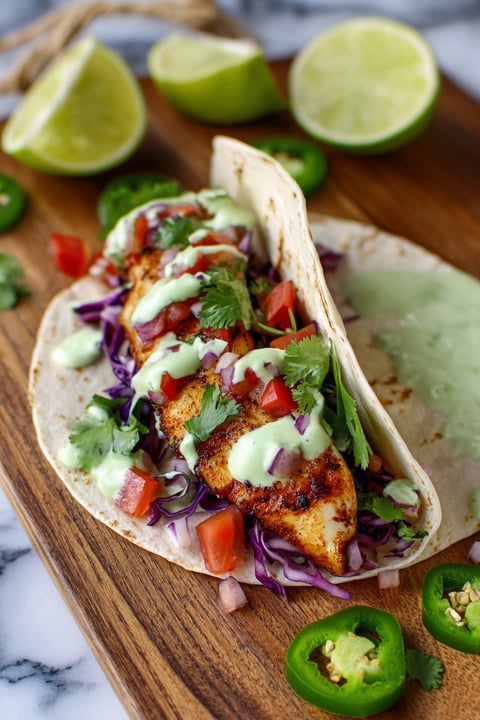 A plate of blackened fish tacos with tomatoes, limes, and cilantro.