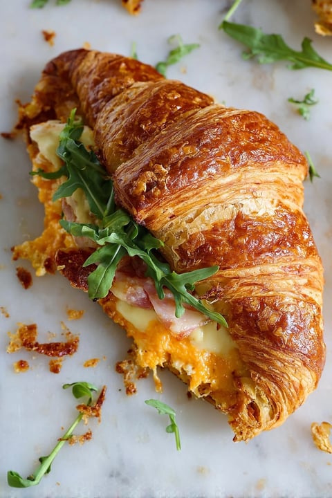 A croissant breakfast sandwich with cheese and greens.
