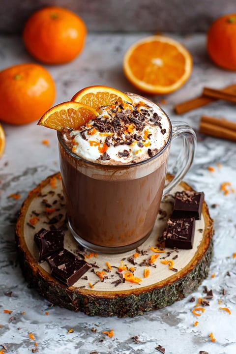 A glass of orange hot chocolate with a slice of orange on top.