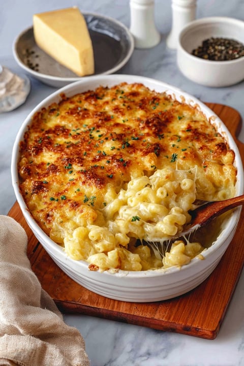 A white bowl filled with macaroni and cheese.