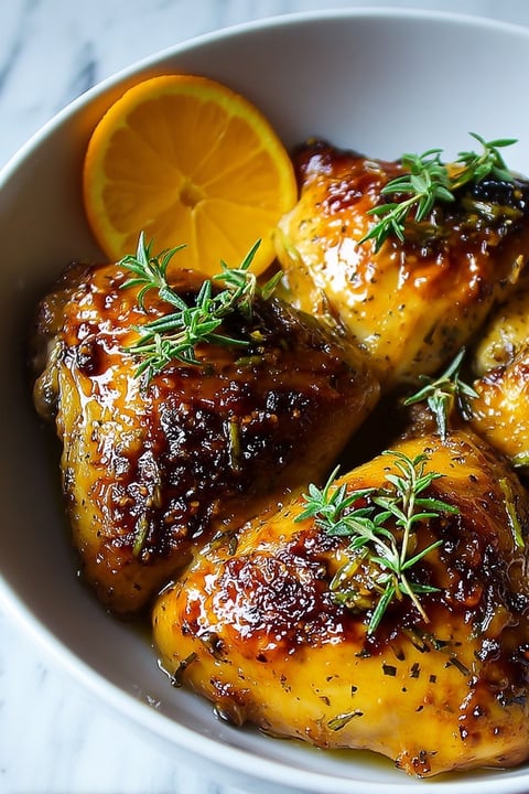 A bowl of roasted orange chicken with herbs.