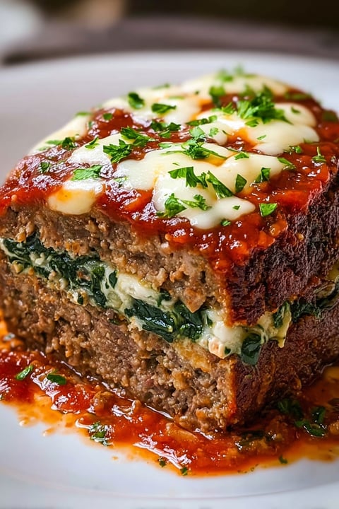 A slice of meatloaf with cheese and herbs.