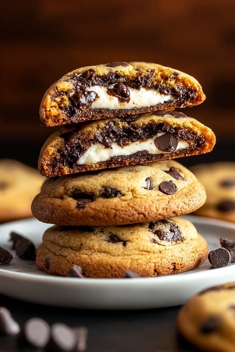 Three stacked chocolate chip cheesecake cookies.