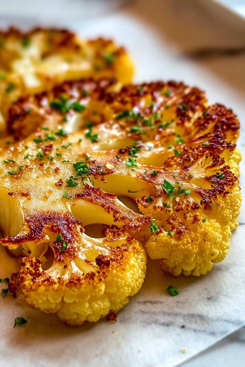 A close up of a piece of cauliflower with cheese on top.