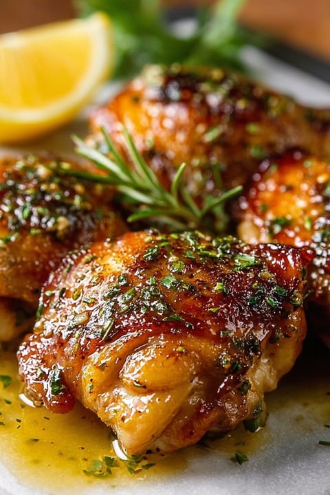Roasted garlic and herb chicken thighs.