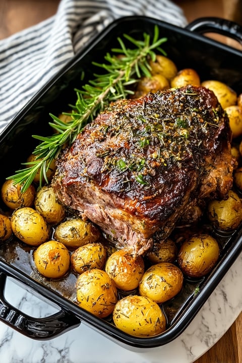 A roast of lamb with rosemary and garlic.