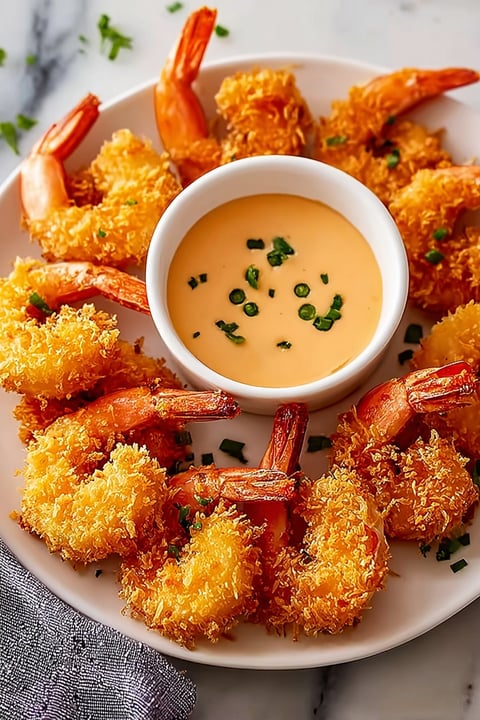 A plate of coconut shrimp with a dipping sauce.