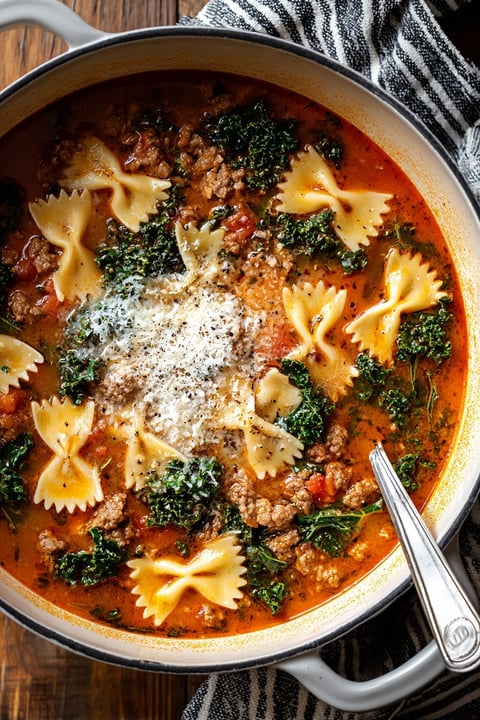 A bowl of soup with pasta and spinach.
